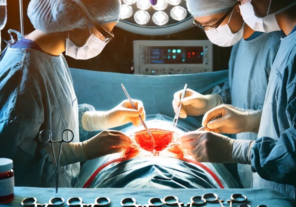 Hysterectomy surgery in progress in an operating room